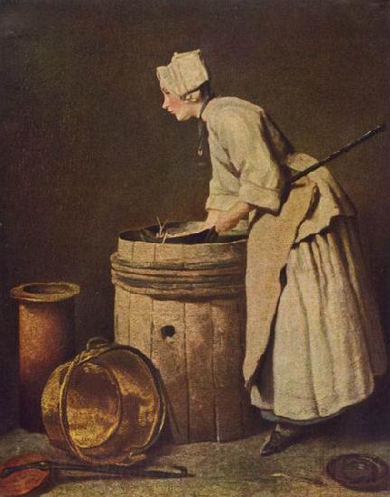 Jean Simeon Chardin Frau, Geschirr scheuernd France oil painting art